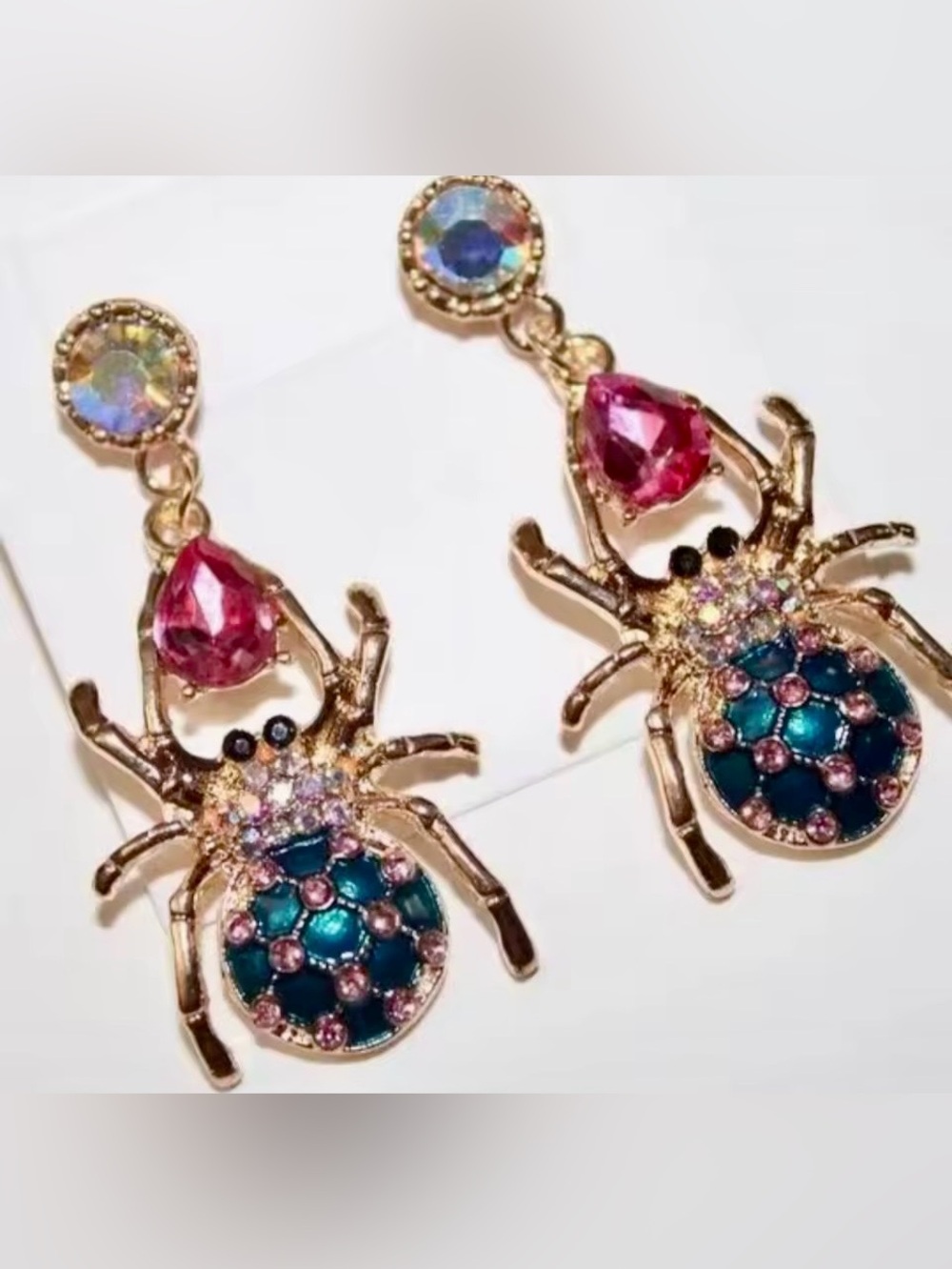 BETSEY JOHNSON Gold Spider Drop Earrings with Pink and Teal Crystals